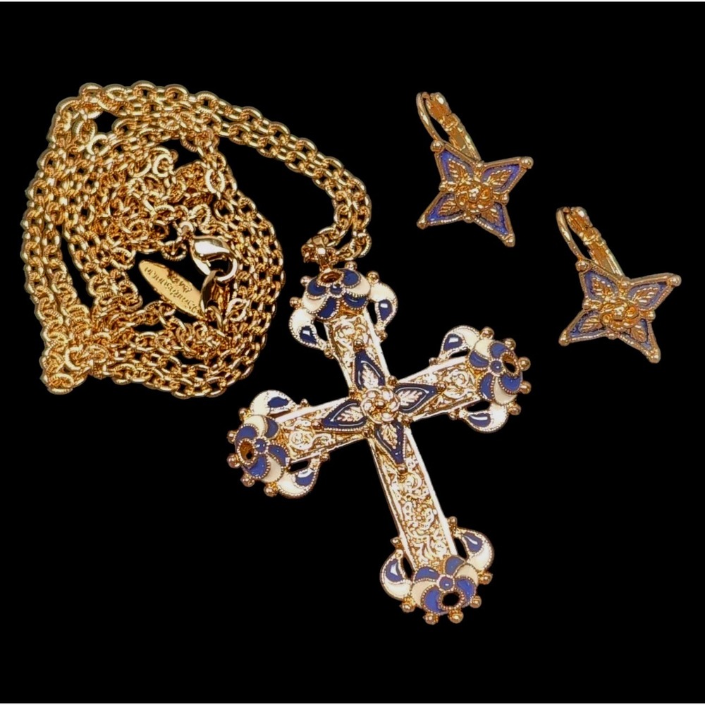 Vtg Avon Smithsonian Gellatly Cross Necklace Leverback Earrings Set Blue‎ Enamel